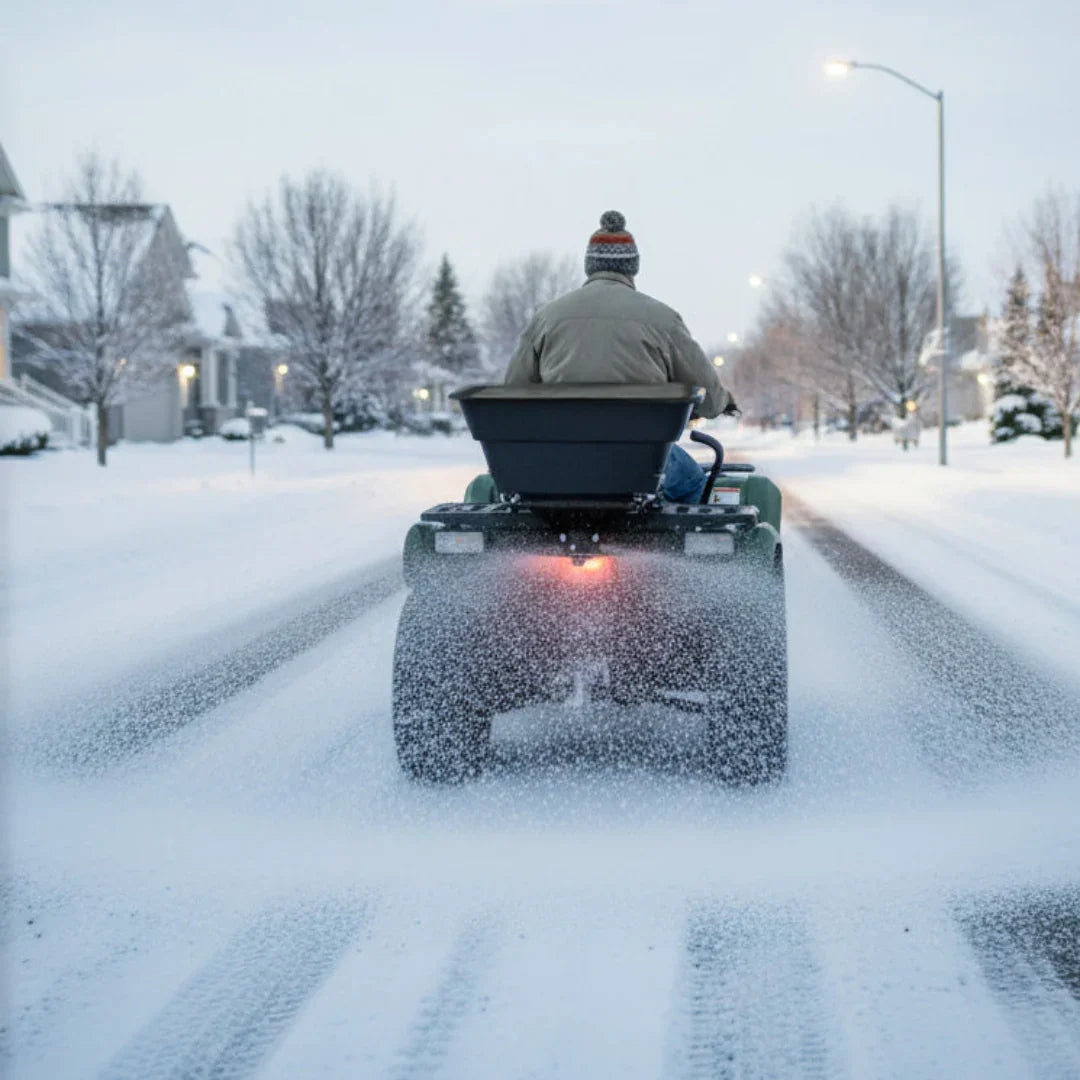 ATV mounted spreader in winter, dispersing material on snowy road, with a person wearing a winter coat and hat driving