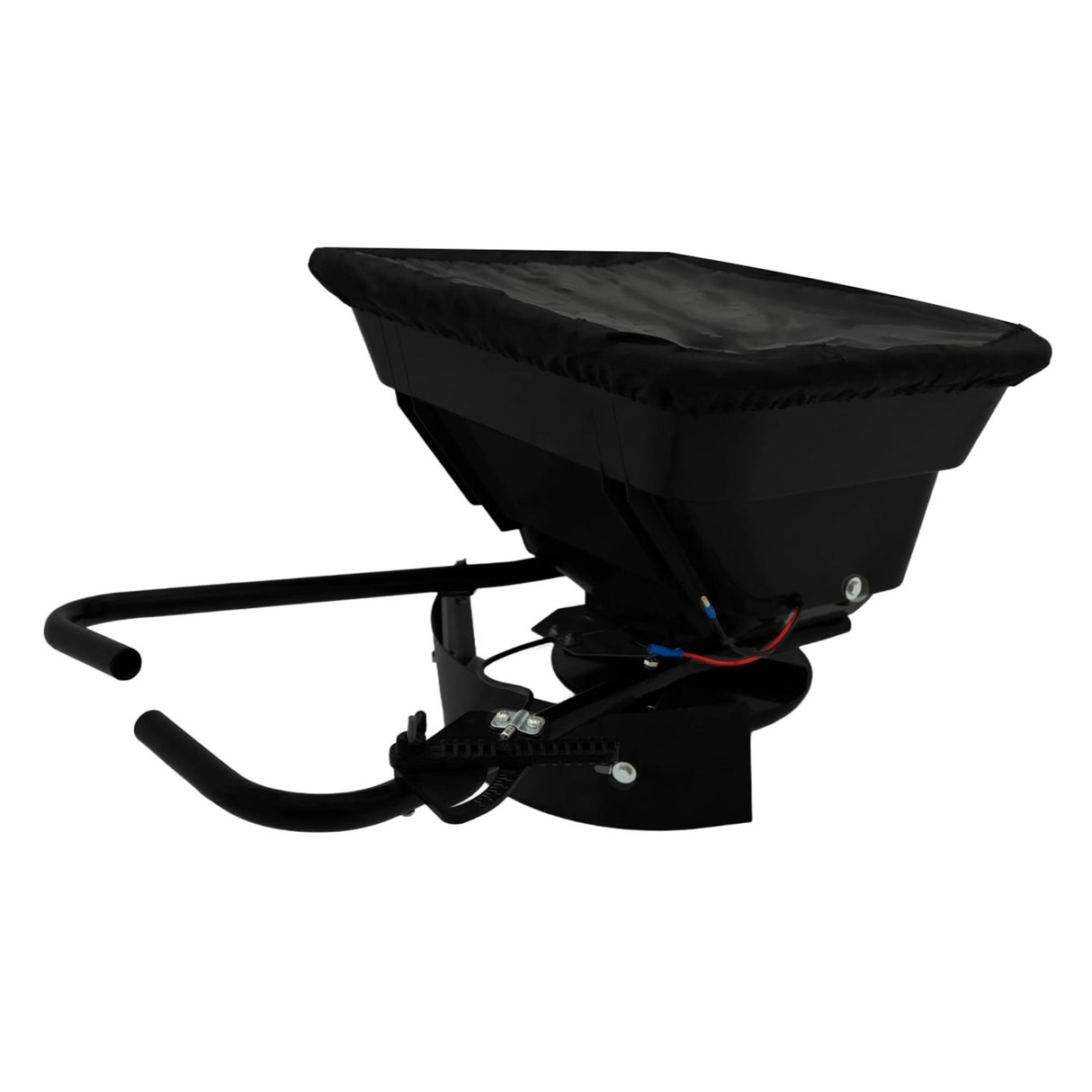 ATV mounted spreader with a black hopper, sturdy frame, and adjustable handle, designed for efficient spreading of seeds or fertilizer
