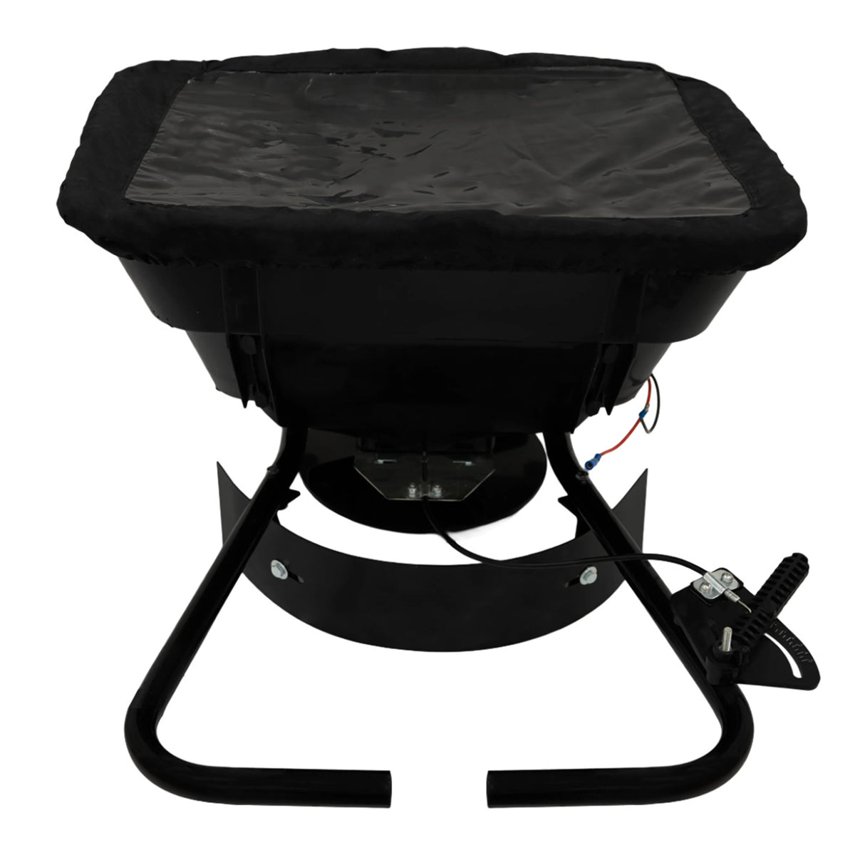 Black ATV mounted spreader with a sturdy metal frame, large hopper, and adjustable controls for efficient spreading of materials
