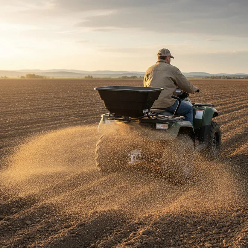ATV mounted spreader dispersing fertilizer over a freshly plowed field at sunset, showcasing its sturdy black hopper and rugged design