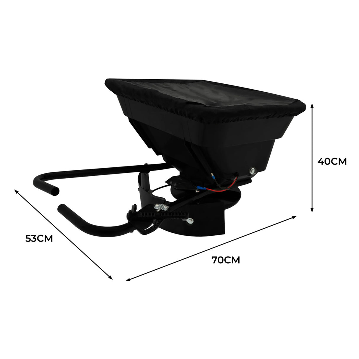 ATV mounted spreader with a black hopper, sturdy frame, and dimensions of 70cm x 53cm x 40cm, ideal for efficient spreading