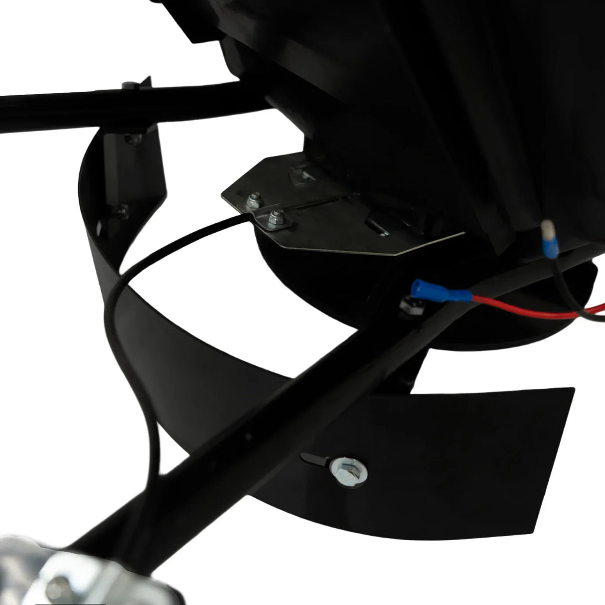 Close-up of an ATV mounted spreader showing the black metal frame, adjustable spreader plate, and wiring for easy attachment