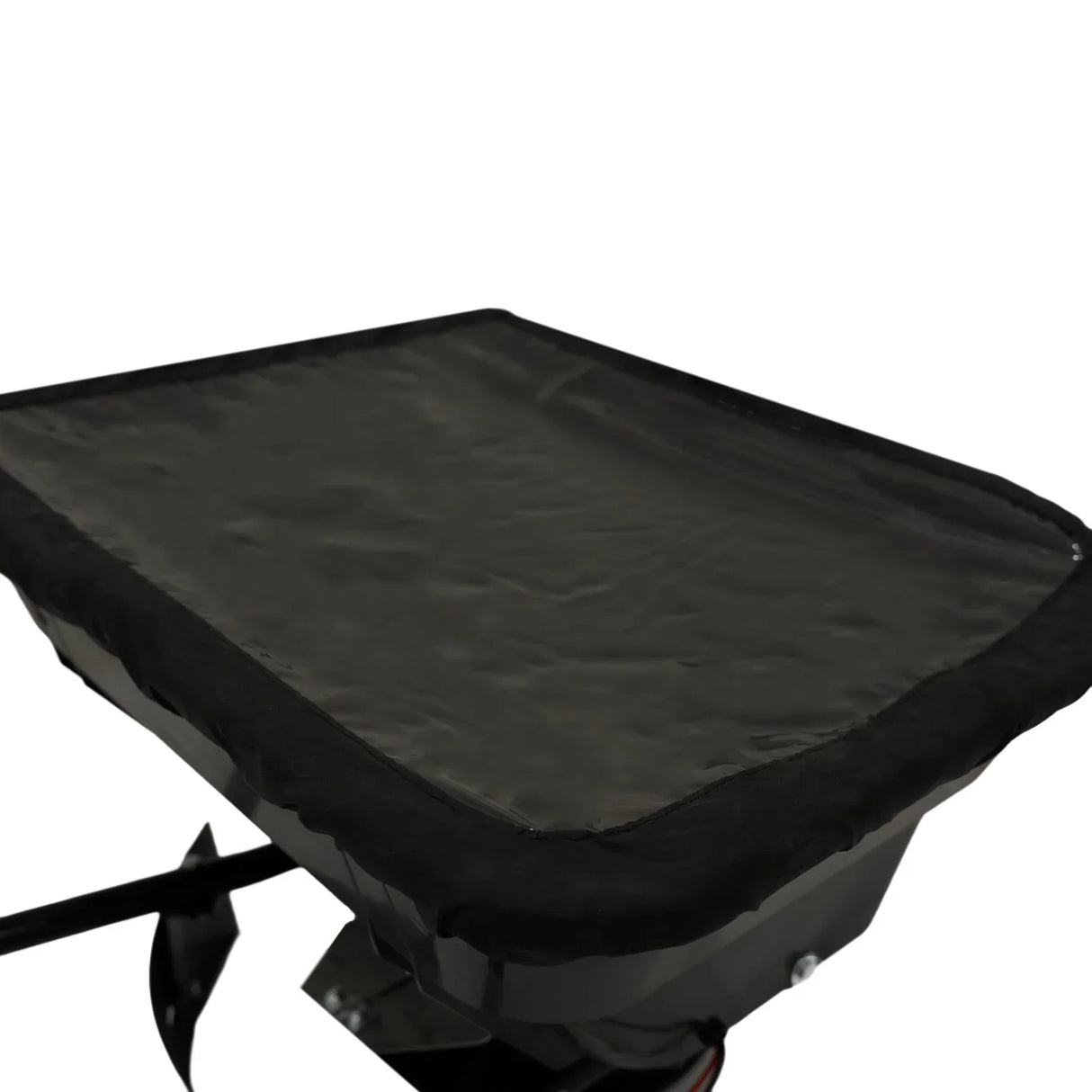 Black ATV mounted spreader with a smooth, flat top and sturdy construction, designed for efficient spreading of materials