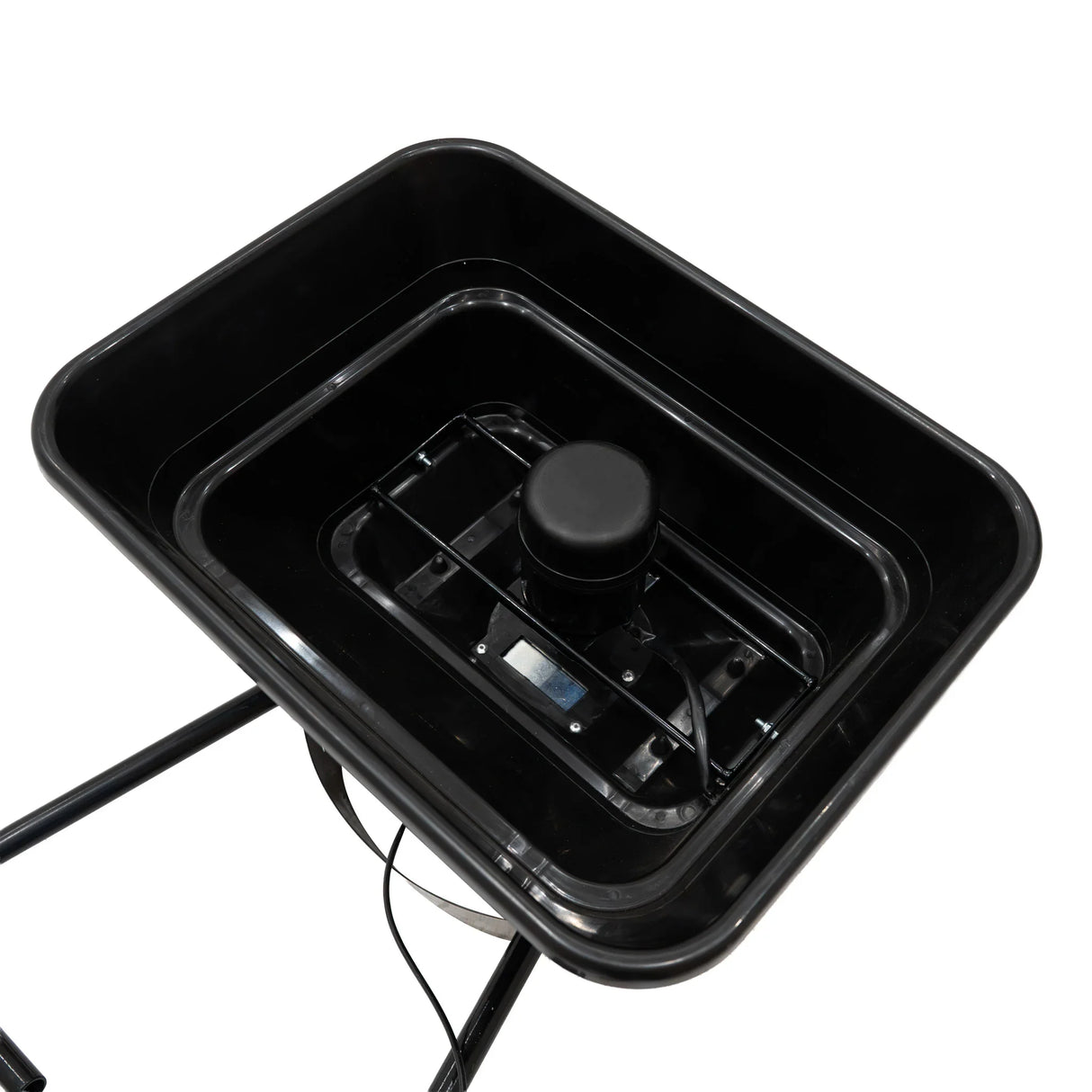 Black ATV mounted spreader with a sturdy frame, featuring a spacious hopper and a central motor for efficient spreading