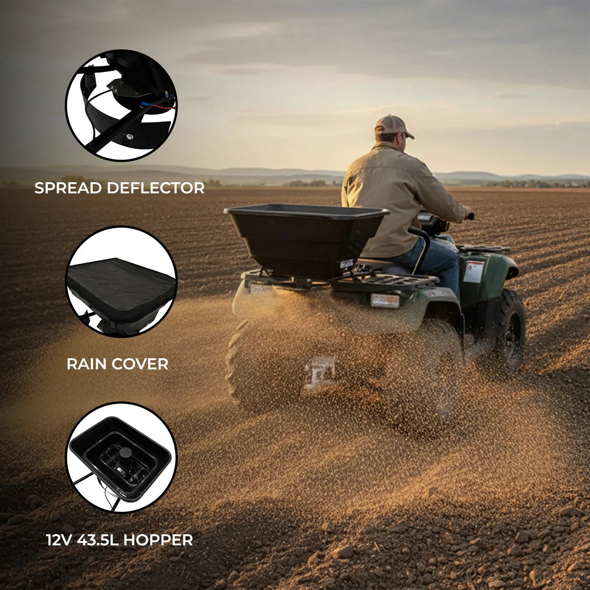 ATV mounted spreader with a 43.5L hopper, rain cover, and spread deflector, shown in action on a dirt field at sunset