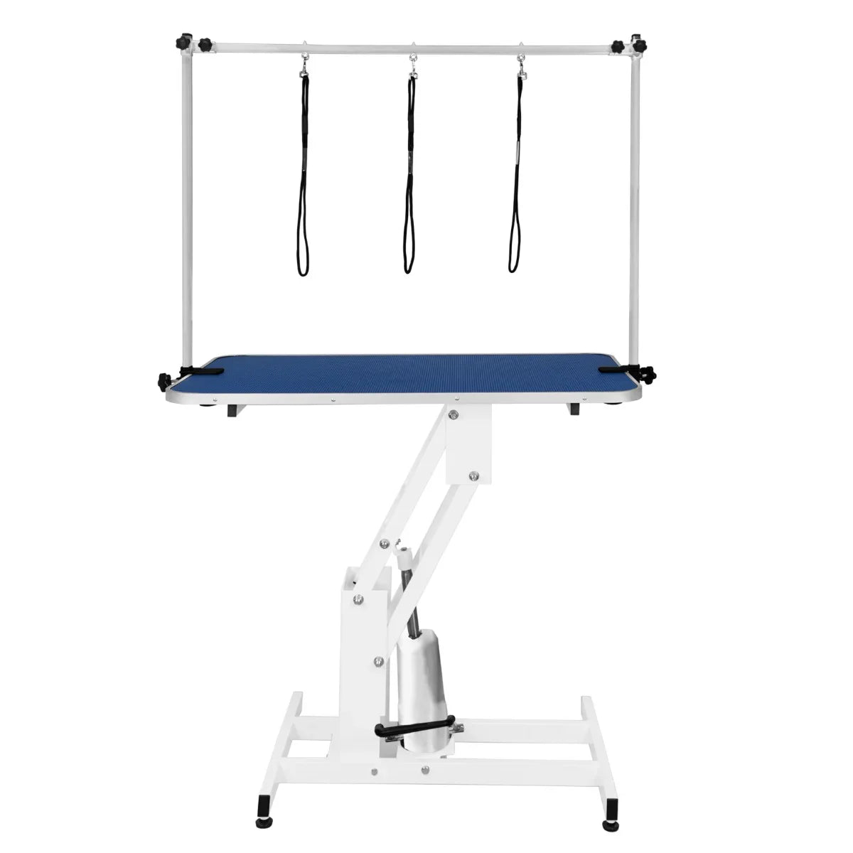 White hydraulic grooming table with a blue textured top, adjustable height, and three restraint straps for pet grooming stability