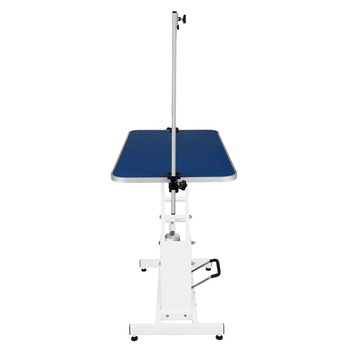 White hydraulic grooming table with a blue textured top, adjustable height, and sturdy base for pet grooming convenience