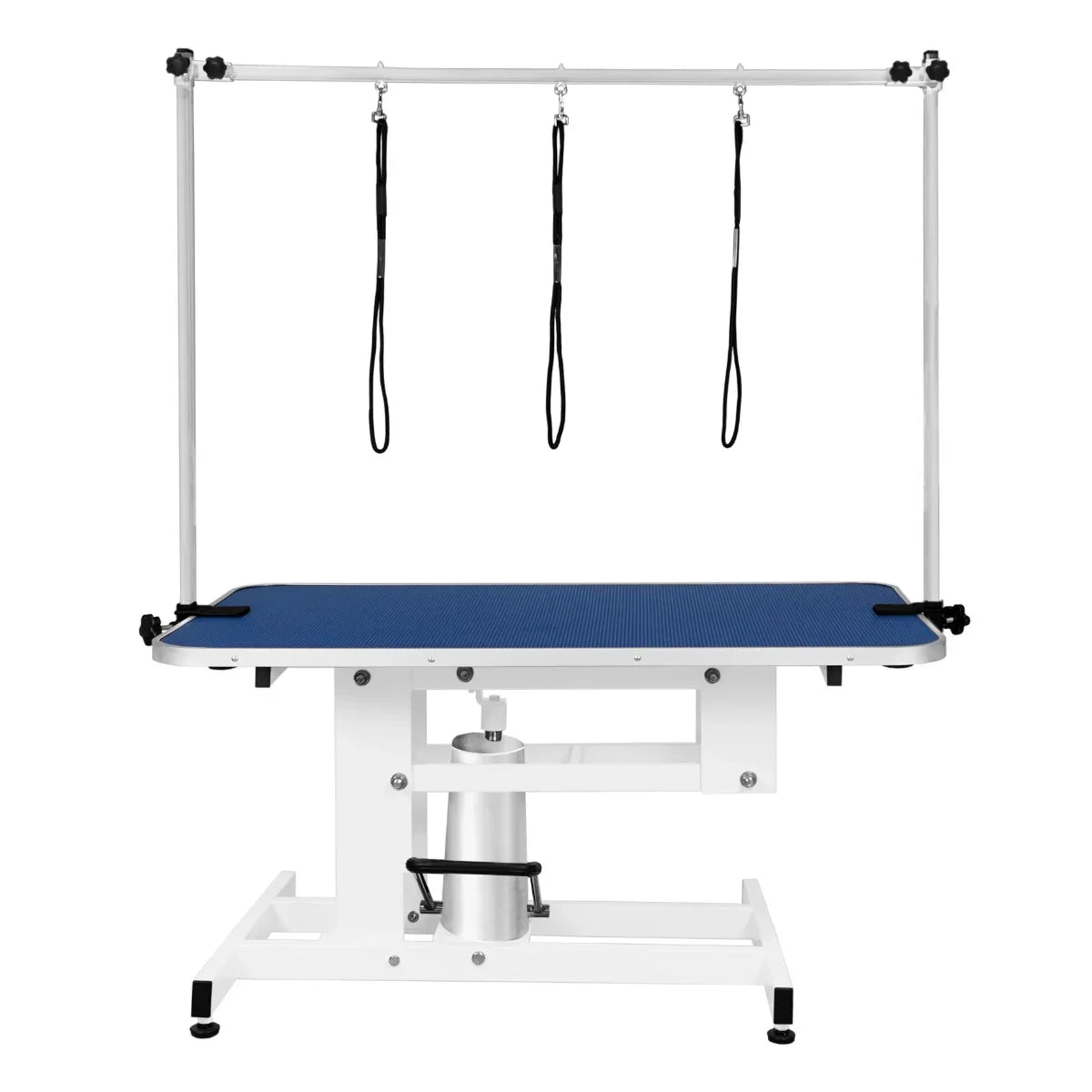 White hydraulic grooming table with a blue textured top, featuring adjustable arm supports and a sturdy base for pet grooming