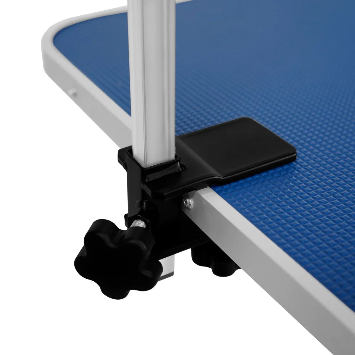 White hydraulic grooming table featuring a textured blue tabletop and sturdy black clamp for adjustable height and stability