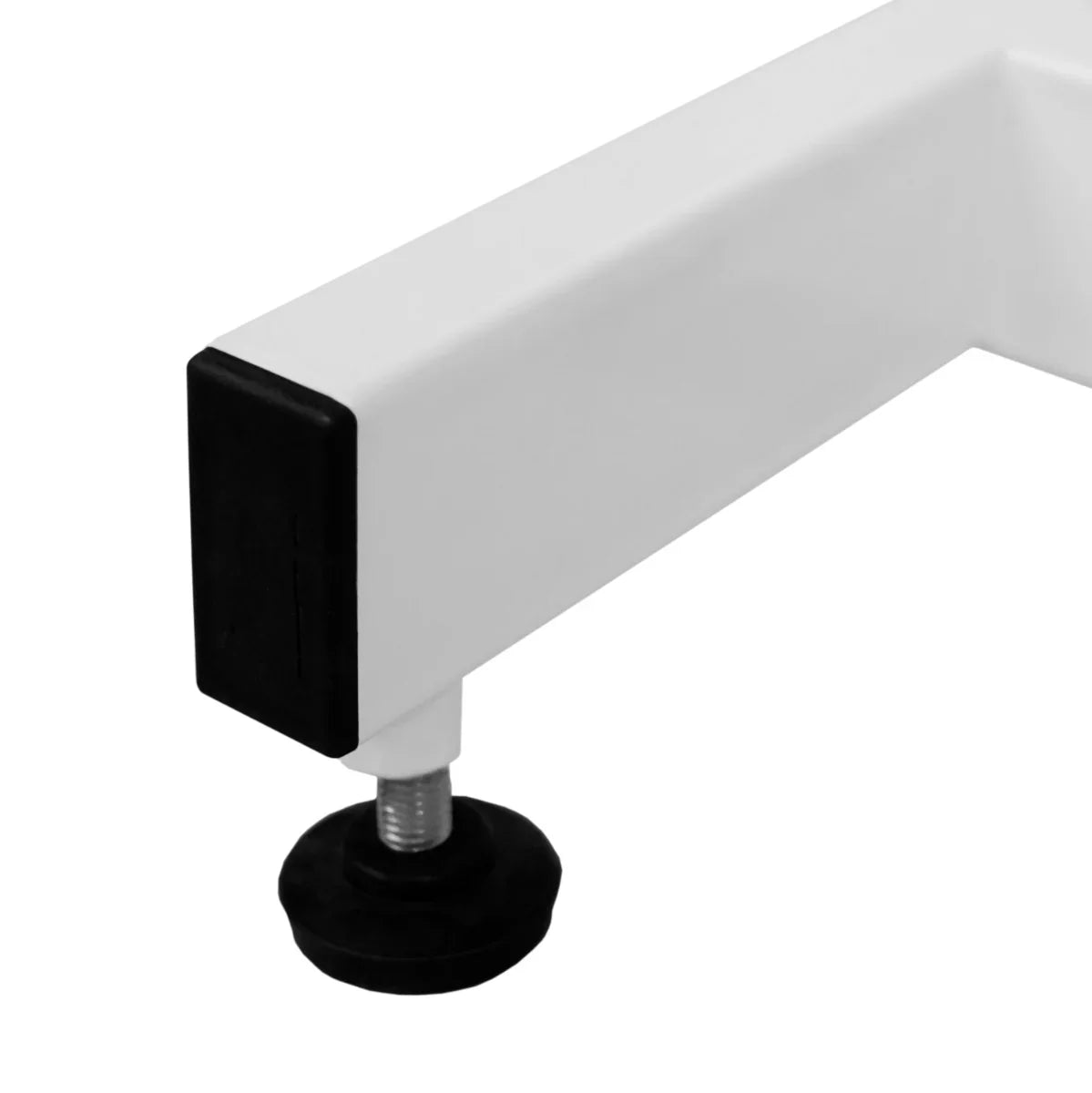 Close-up of the white hydraulic grooming table's sturdy leg with a rubber foot, ensuring stability and support for grooming tasks
