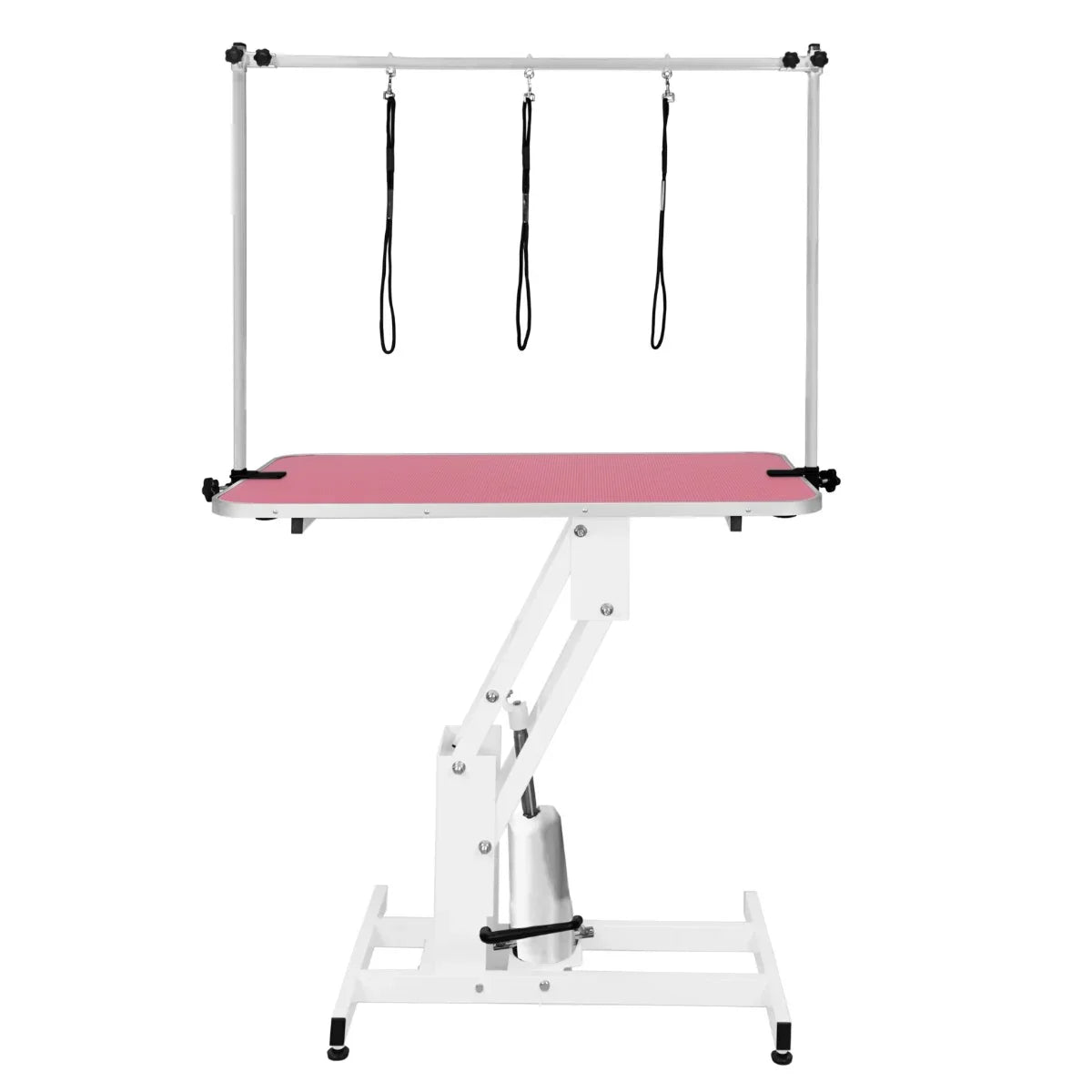 White hydraulic grooming table with a pink tabletop, adjustable height, and three grooming loops for secure pet handling