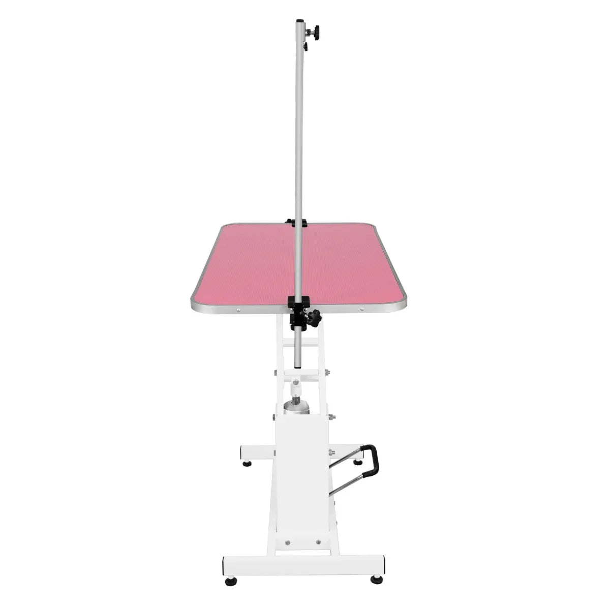 White hydraulic grooming table with a pink textured tabletop, adjustable height, and sturdy metal frame for pet grooming