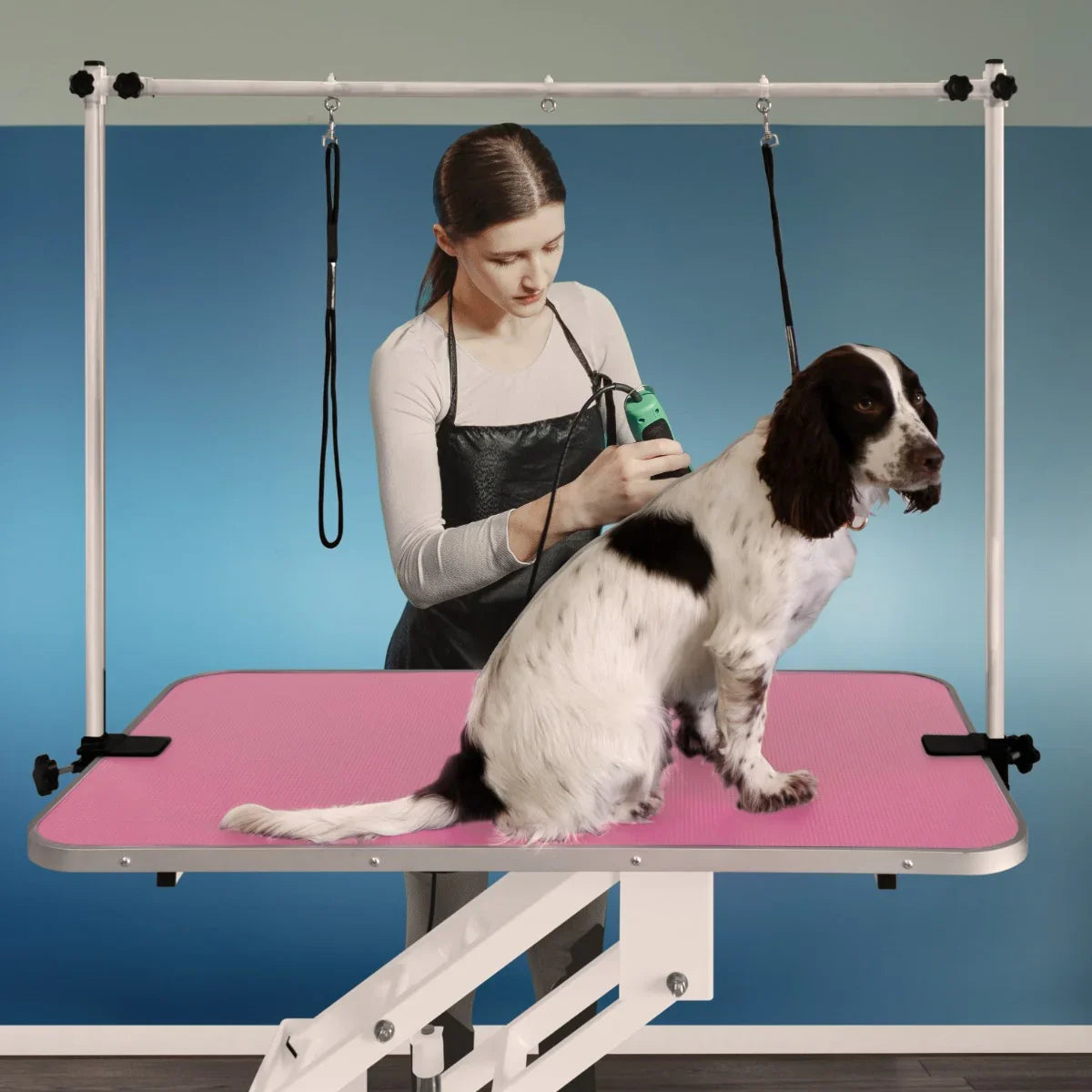 White hydraulic grooming table with a pink top, featuring a dog being groomed by a stylist, set against a blue background