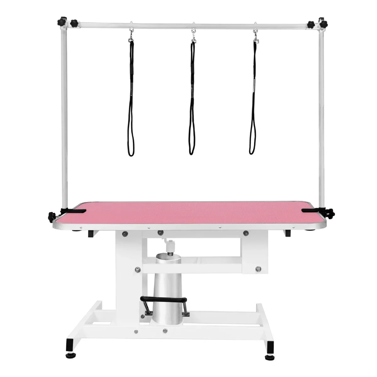 White hydraulic grooming table with a pink textured top, adjustable height, and three overhead grooming loops for pet care
