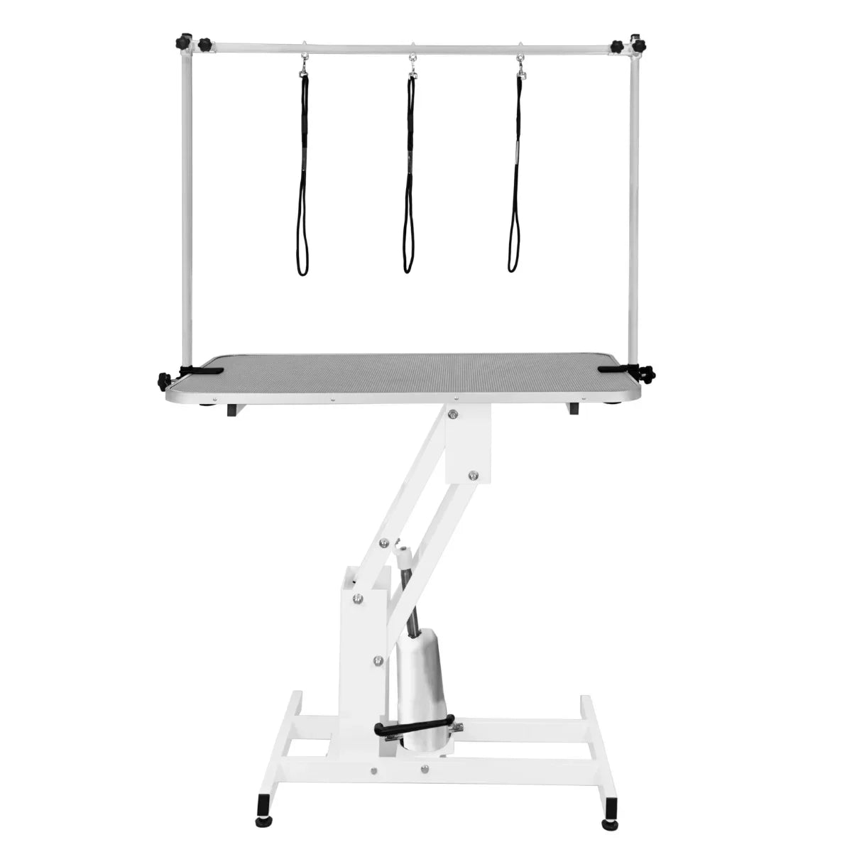 White hydraulic grooming table with a grey textured top, adjustable height, and three grooming loops for secure pet handling