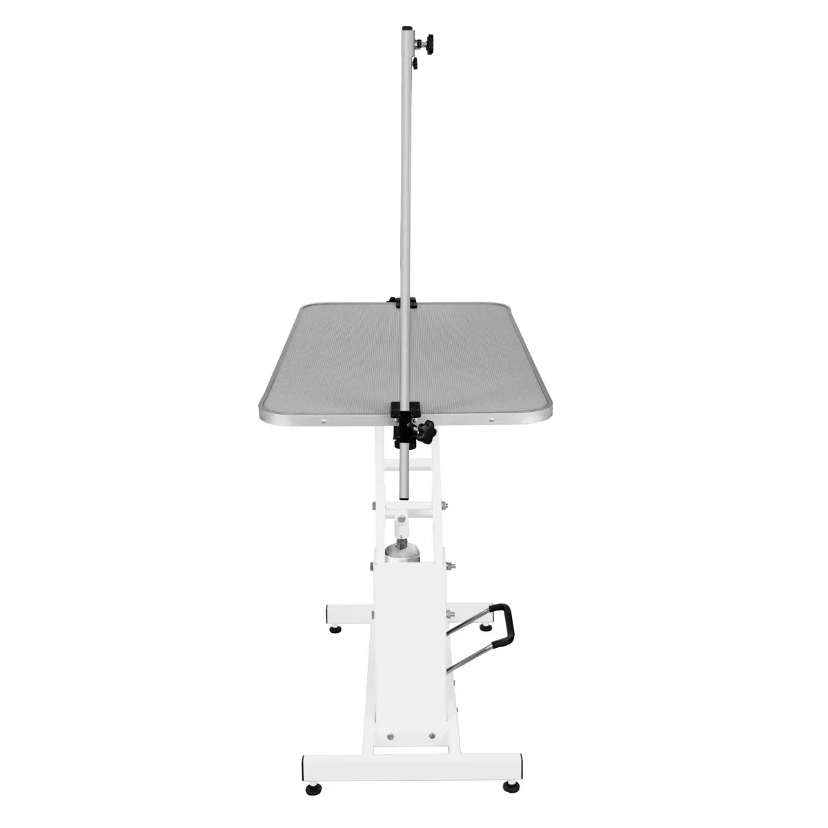 White hydraulic grooming table with a grey textured top, adjustable height, and sturdy base for pet grooming convenience