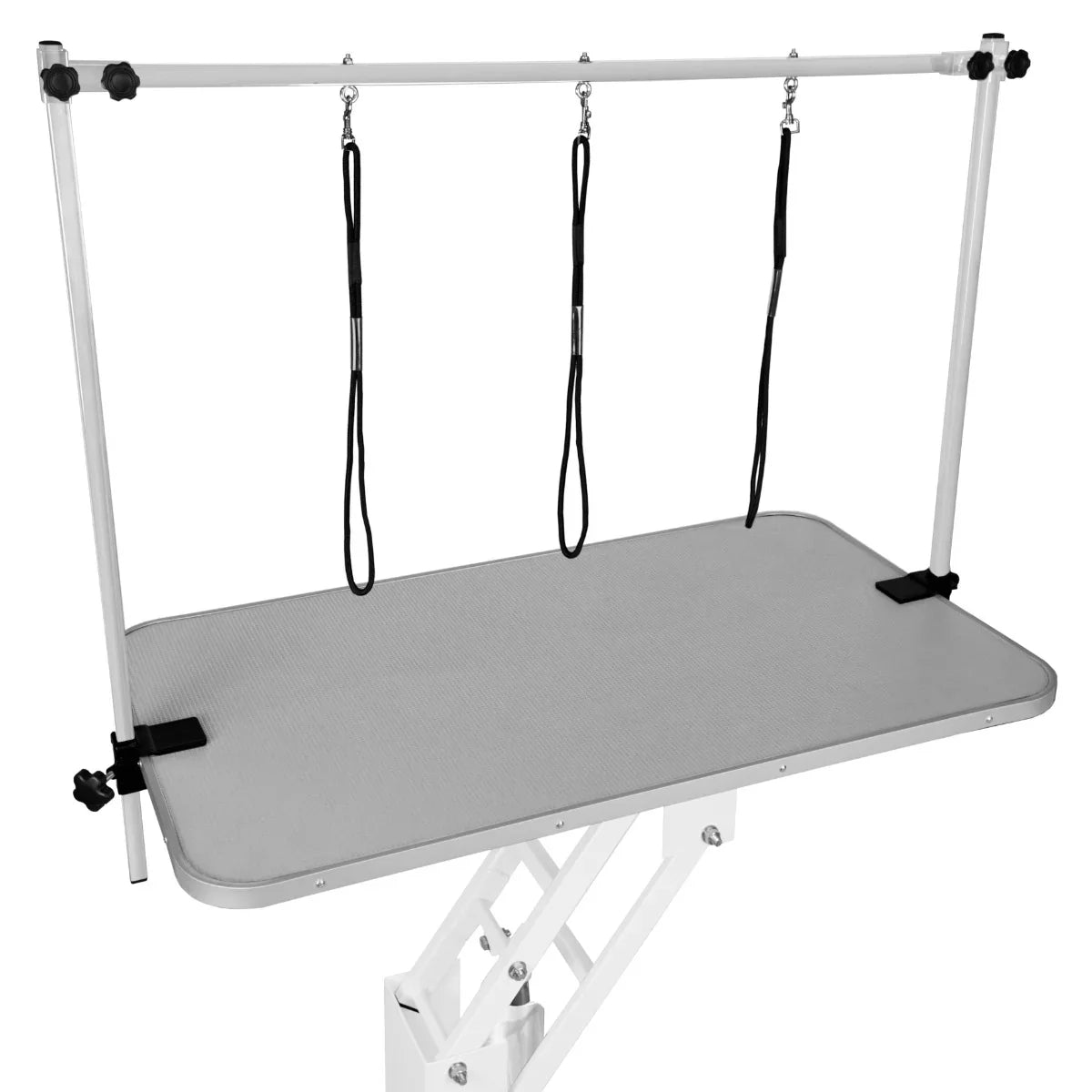 White hydraulic grooming table with a grey textured top, adjustable height, and three safety leashes for secure pet grooming