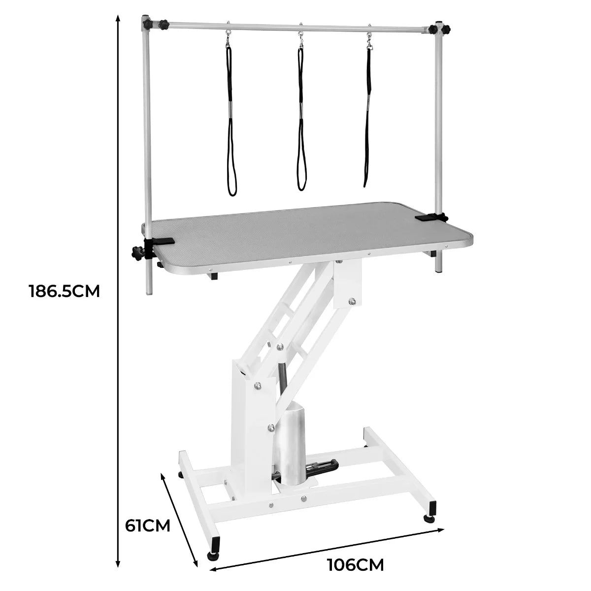 White hydraulic grooming table with a grey top, adjustable height, and three grooming loops for secure pet handling