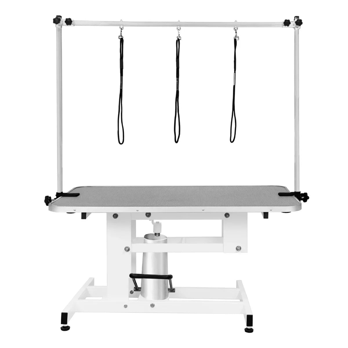 White hydraulic grooming table with a grey textured top, adjustable height, and three overhead grooming loops for pets