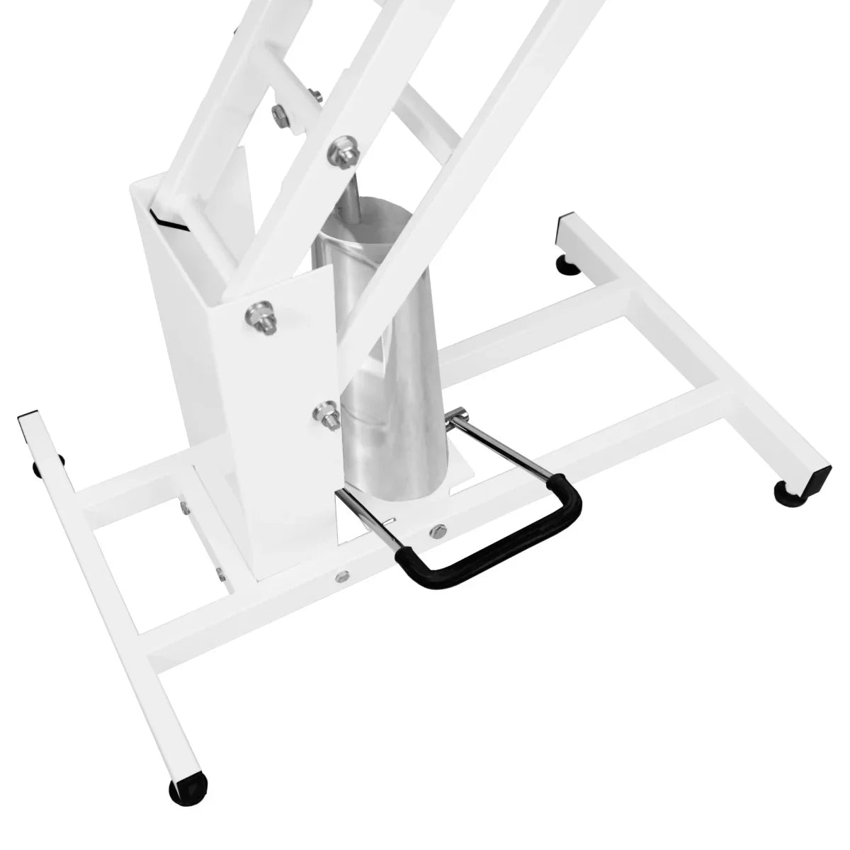 White hydraulic grooming table with a grey tabletop, featuring sturdy metal base, adjustable height, and non-slip feet for stability