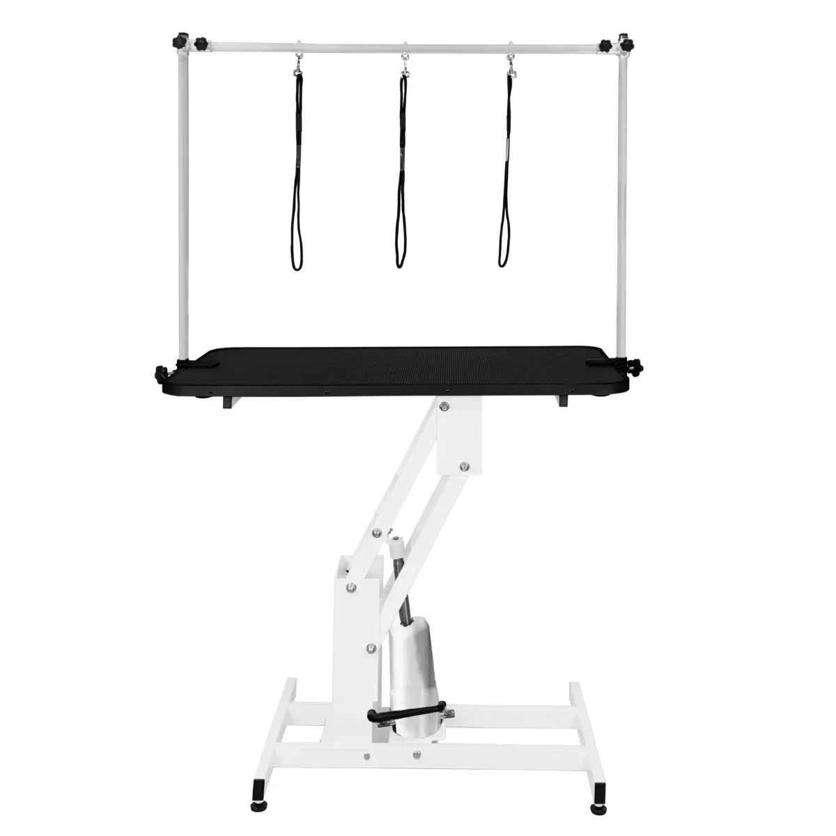 White hydraulic grooming table with a black tabletop, adjustable height, and three grooming loops for secure pet handling
