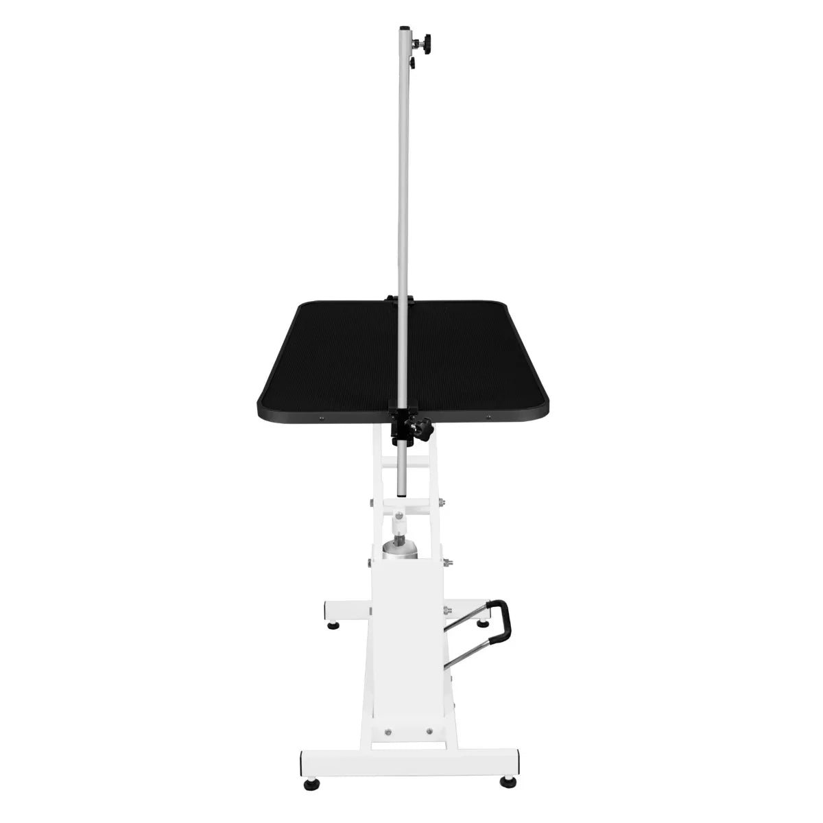 White hydraulic grooming table with a sleek black tabletop, adjustable height, and sturdy base for pet grooming convenience