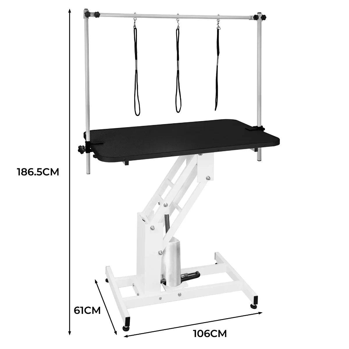 White hydraulic grooming table with a black tabletop, adjustable height, and three overhead grooming loops for secure pet handling