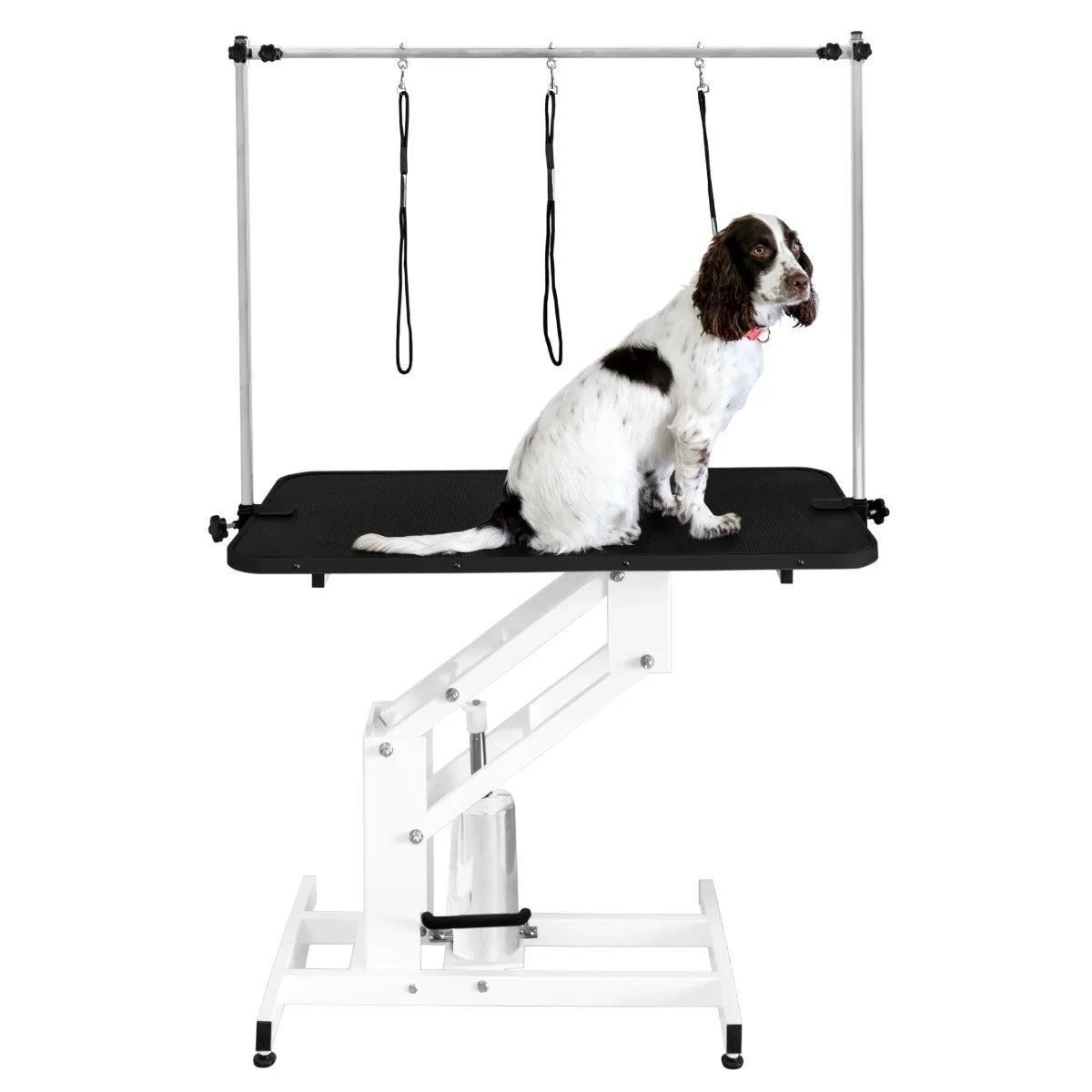 White hydraulic grooming table with a black textured top, featuring a dog on it and adjustable arm for grooming tools