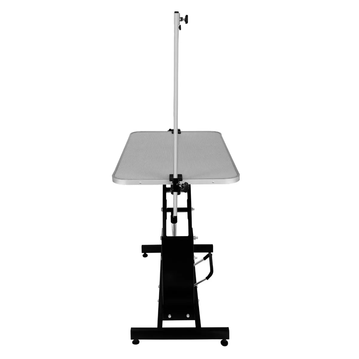Black hydraulic grooming table with a grey top, adjustable height, sturdy base, and a grooming arm for pet styling