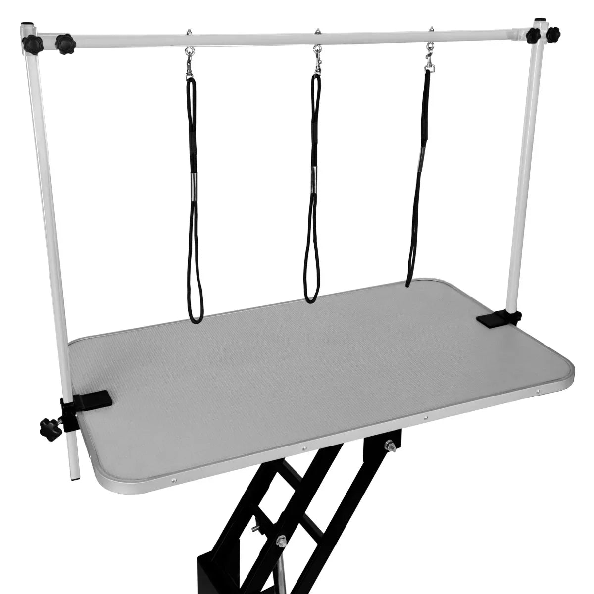 Black hydraulic grooming table with a grey textured top, adjustable height, and three grooming loops for secure pet handling