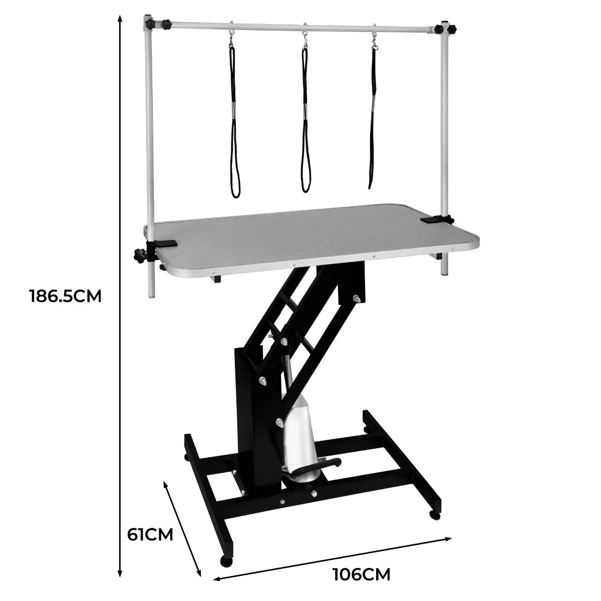 Black hydraulic grooming table with a grey top, adjustable height, and three grooming loops for secure pet handling