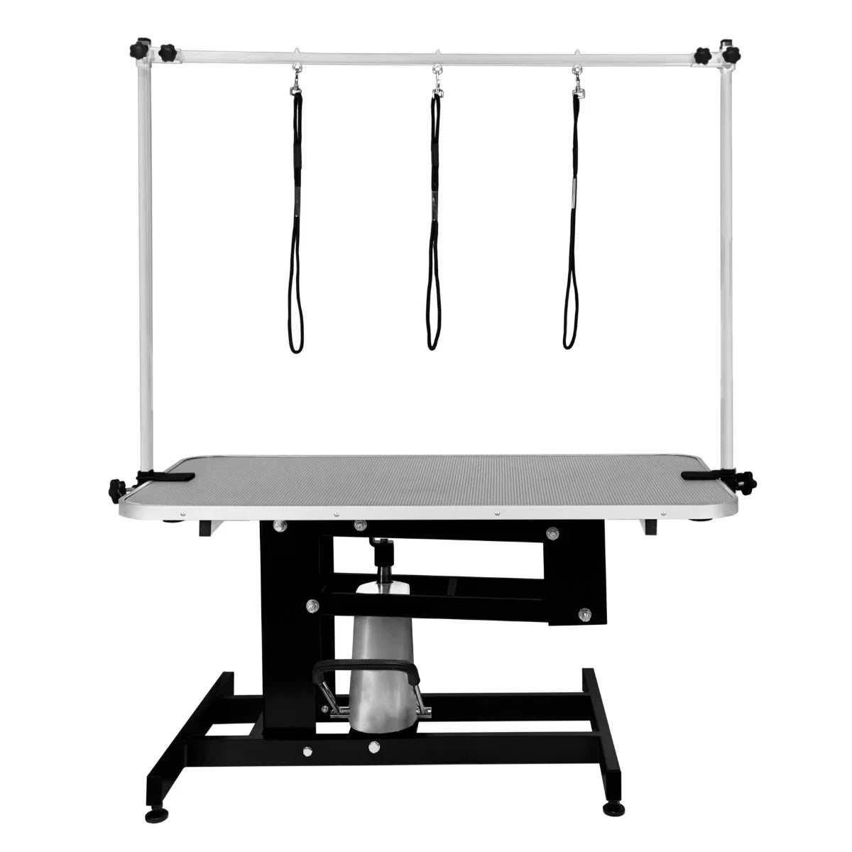 Black hydraulic grooming table with a grey textured top, adjustable height, and three overhead grooming loops for pet safety