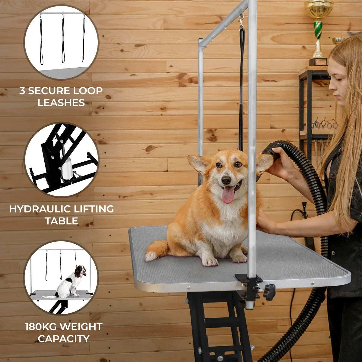 Black hydraulic grooming table with grey textured top, featuring three secure loop leashes and a 180kg weight capacity, ideal for pet grooming