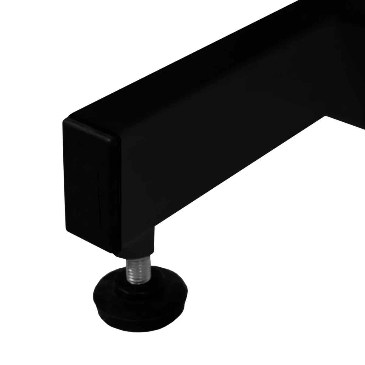 Black hydraulic grooming table featuring a sturdy black tabletop and adjustable rubber feet for stability on various surfaces