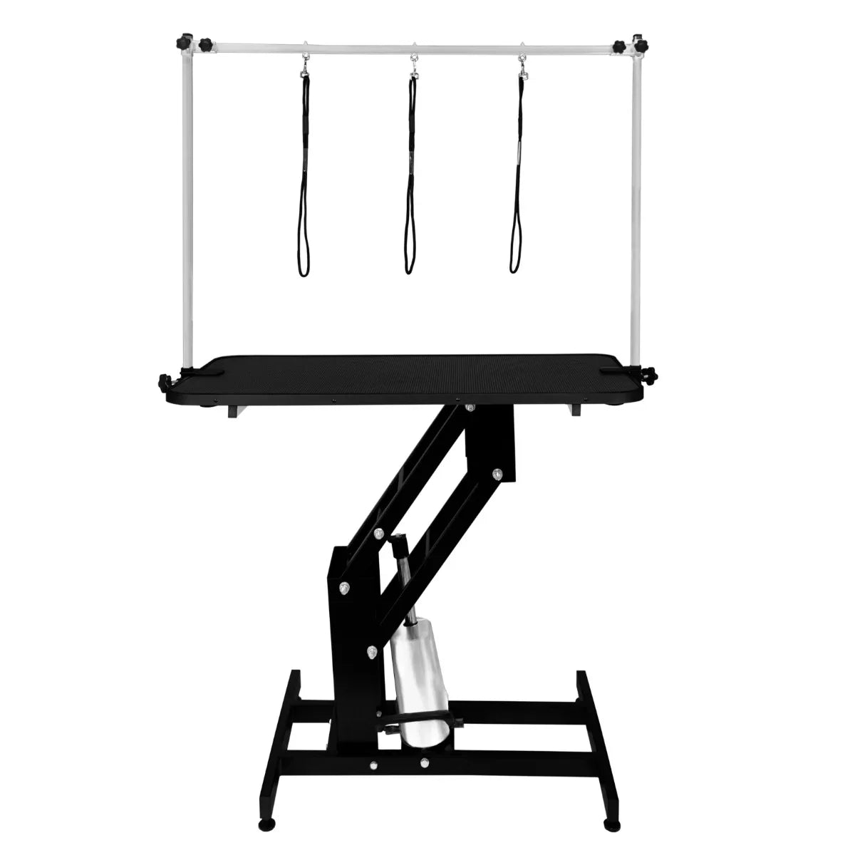 Black hydraulic grooming table with a sturdy frame, textured black tabletop, and adjustable height for pet grooming convenience