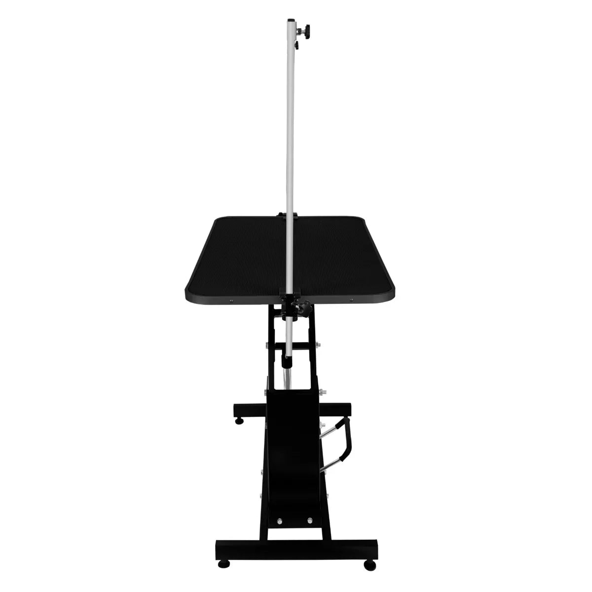 Black hydraulic grooming table with a sleek black tabletop, adjustable height, and sturdy base, ideal for pet grooming tasks