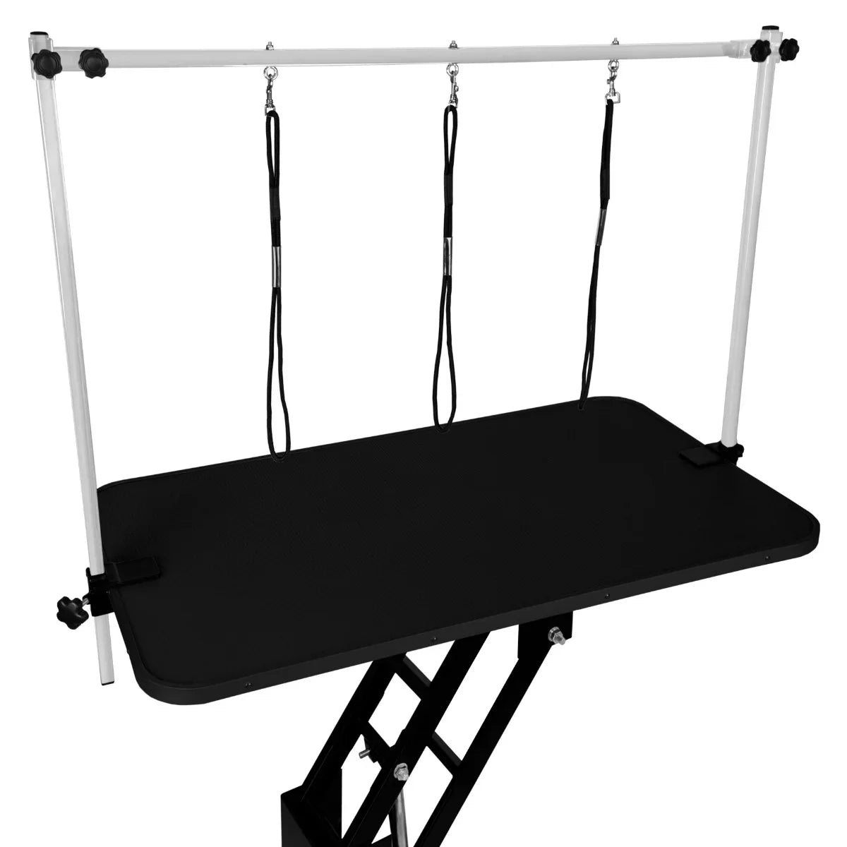 Black hydraulic grooming table with a textured black tabletop and adjustable arm with three grooming loops for secure pet handling