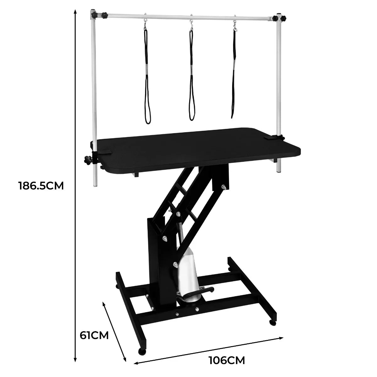 Black hydraulic grooming table with a sleek black top, adjustable height, and three overhead restraint straps for pet grooming