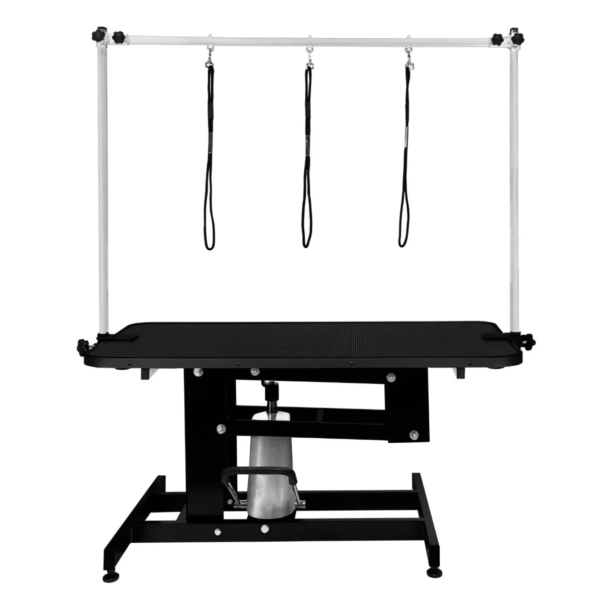 Black hydraulic grooming table with a textured black top, adjustable height, and three overhead grooming loops for pet care