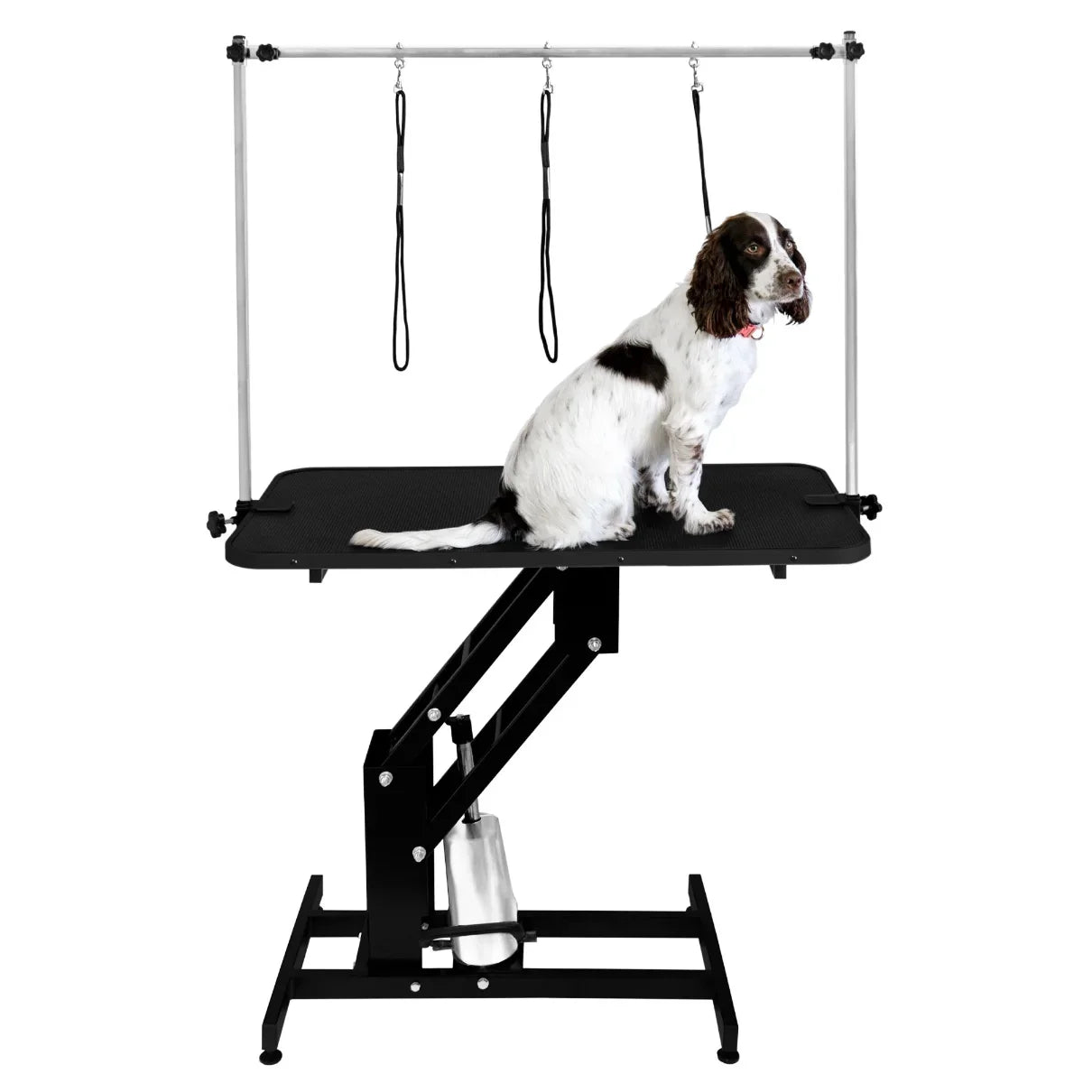 Black hydraulic grooming table with a textured black top, adjustable height, and a dog secured with grooming loops above