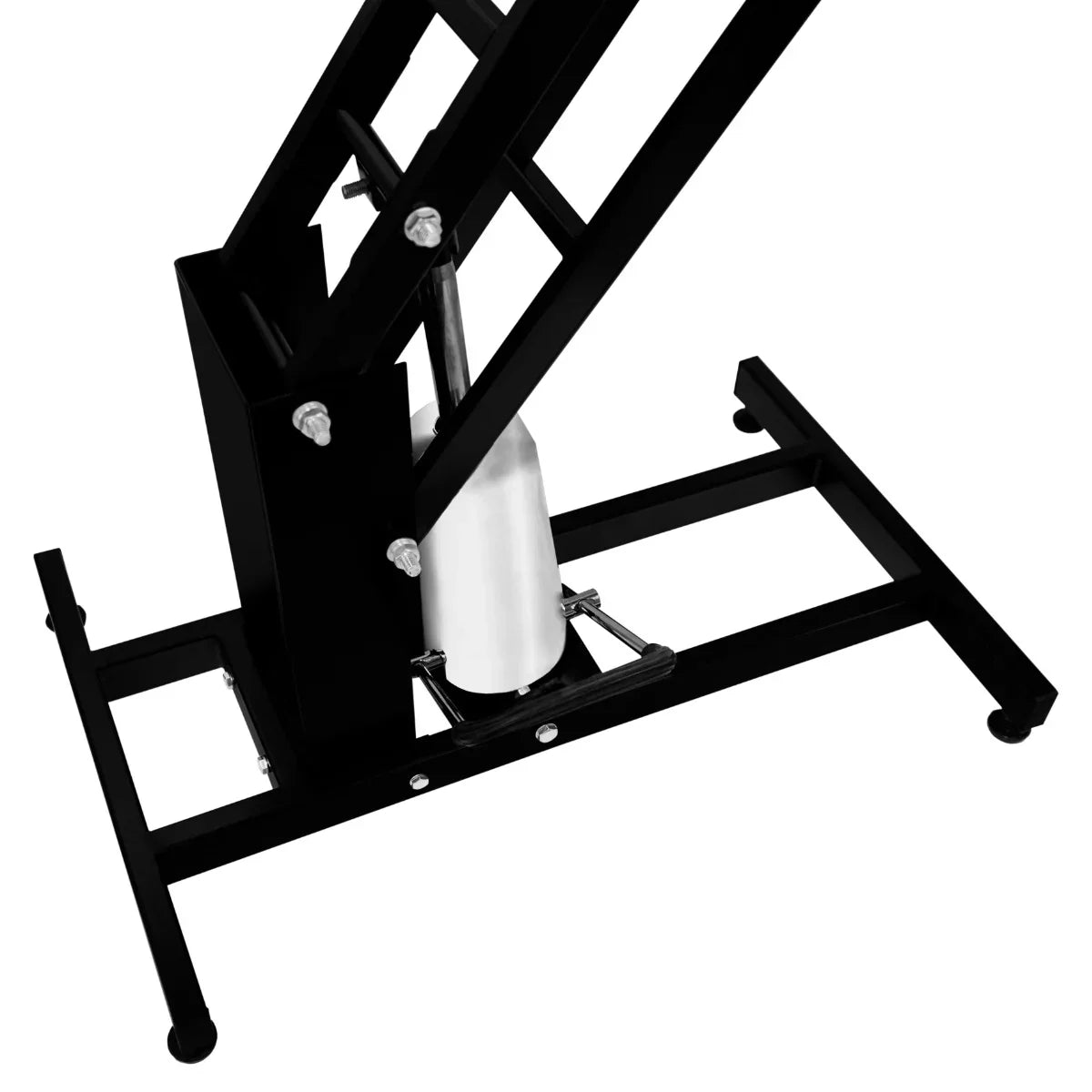 Black hydraulic grooming table with a sturdy black frame, adjustable height mechanism, and a sleek black tabletop for pet grooming