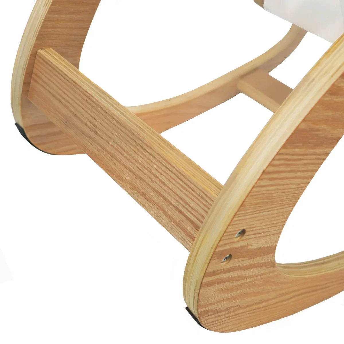 Natural wood base of an ergonomic kneeling chair, showcasing smooth curves and sturdy construction for optimal support and comfort
