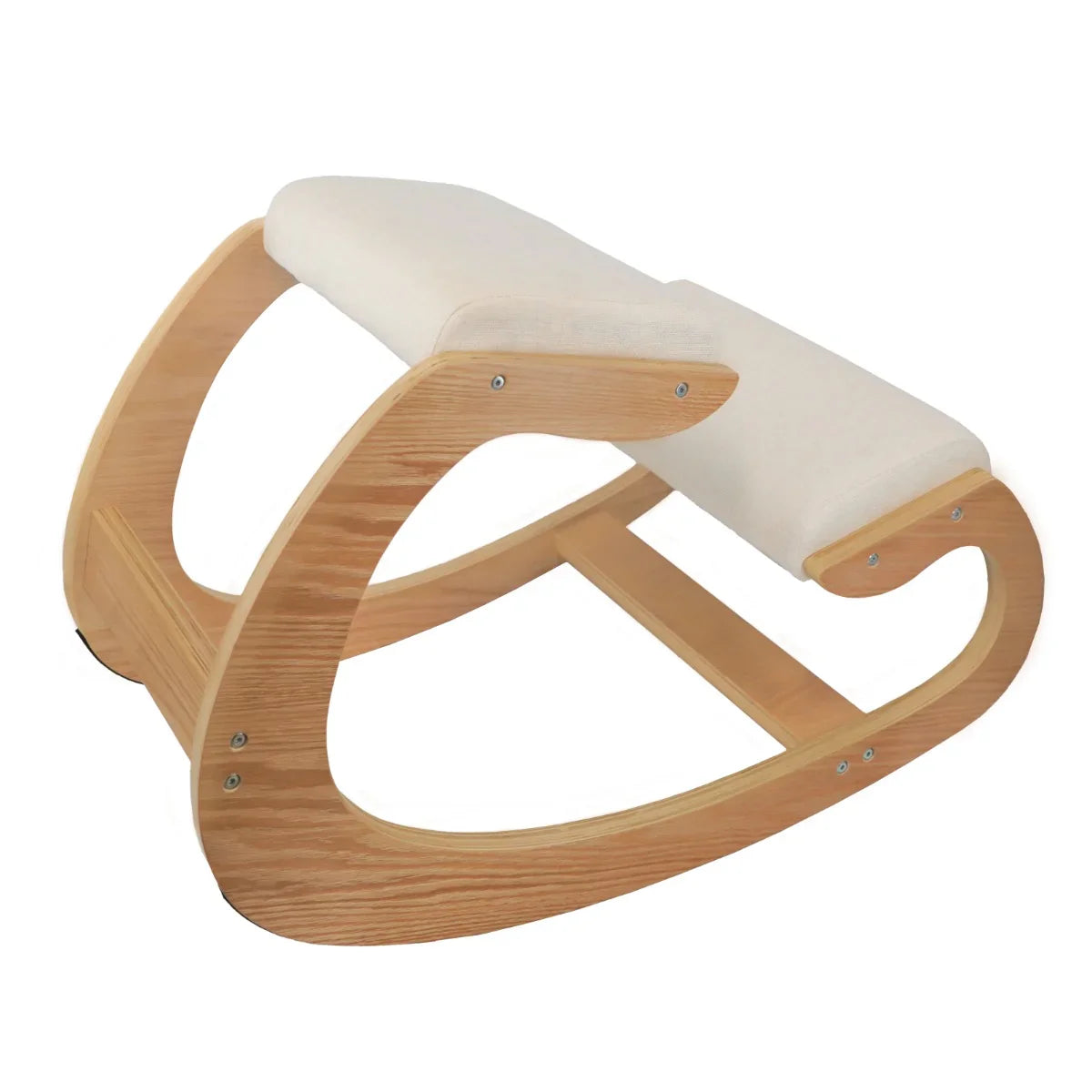 Ergonomic kneeling chair with a natural wood frame, soft cream fabric cushions, and a curved design for comfort and support