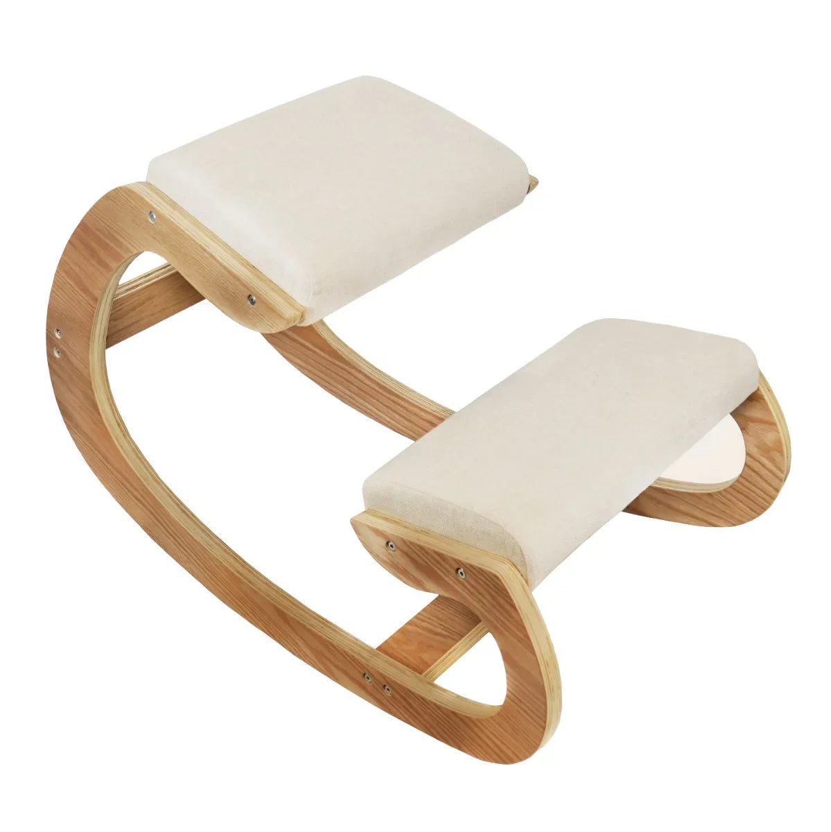 Ergonomic kneeling chair with a curved wooden base, soft cream cushions, and a sleek, modern design for improved posture and comfort