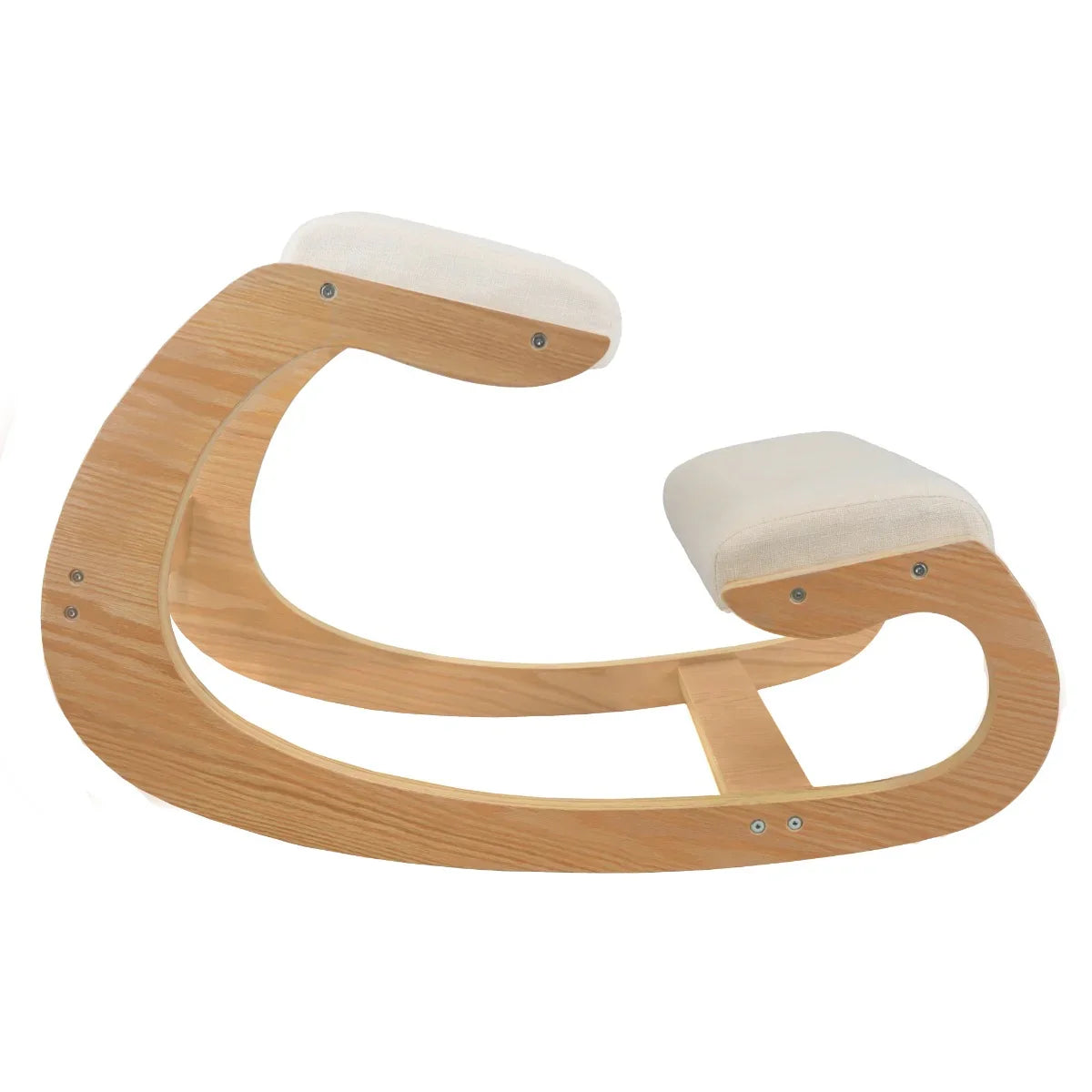 Ergonomic kneeling chair with a curved wooden frame and soft, cream-colored cushions for comfortable support and posture alignment