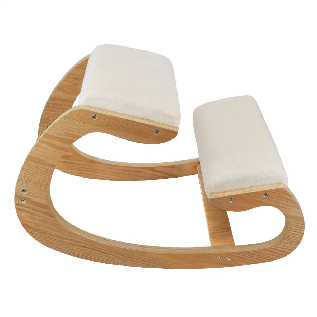 Ergonomic kneeling chair with a curved wooden frame and soft, cream-colored fabric cushions for comfort and support