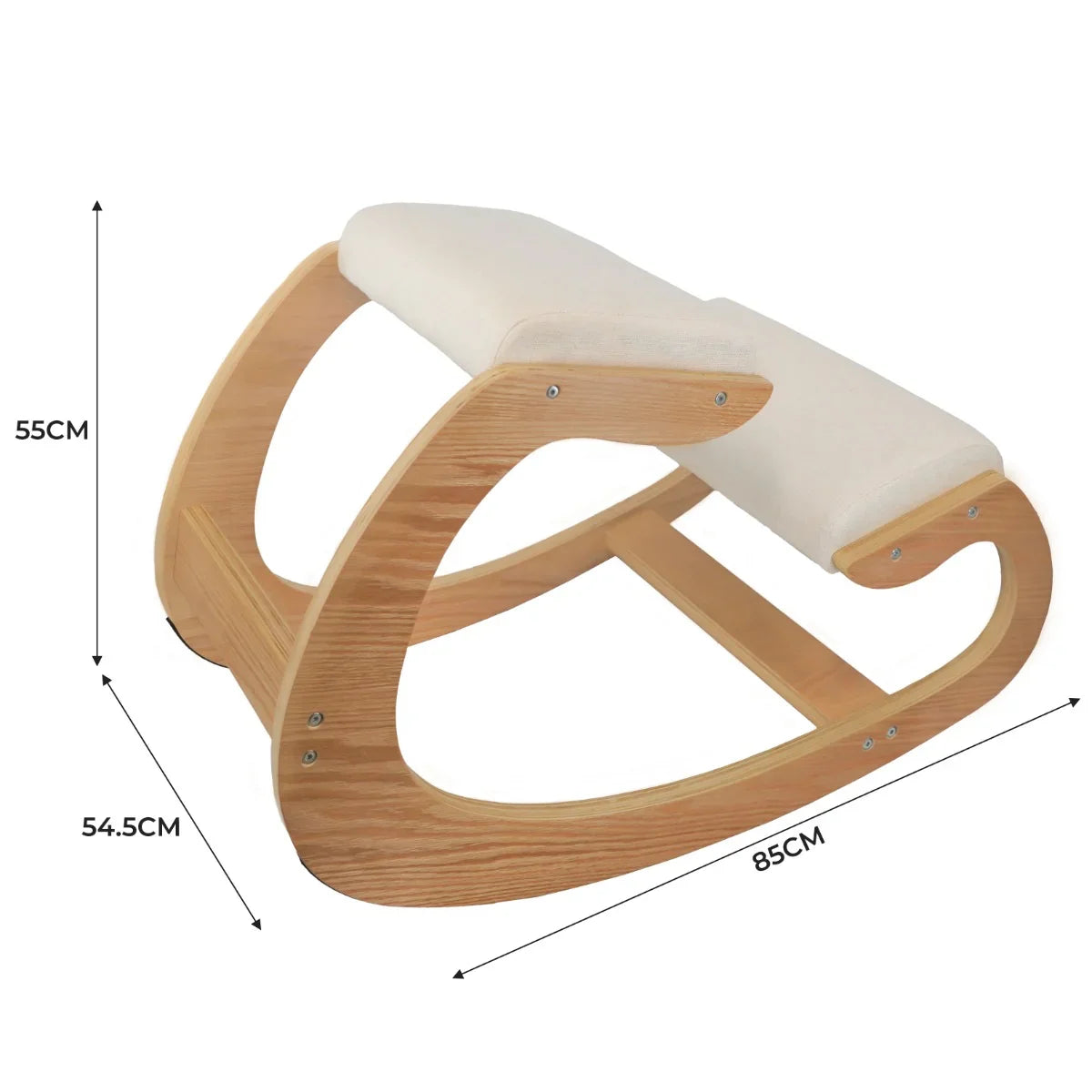 Ergonomic kneeling chair with a curved wooden frame, soft cream cushion, and dimensions of 85cm length, 55cm height, and 54.5cm width