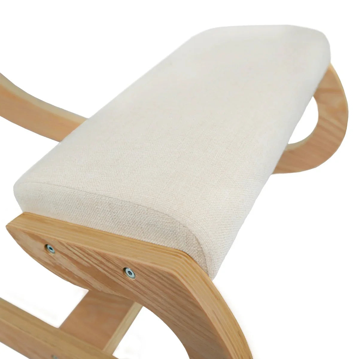 Ergonomic kneeling chair with a soft, cream fabric cushion and natural wood frame, designed for comfortable posture support