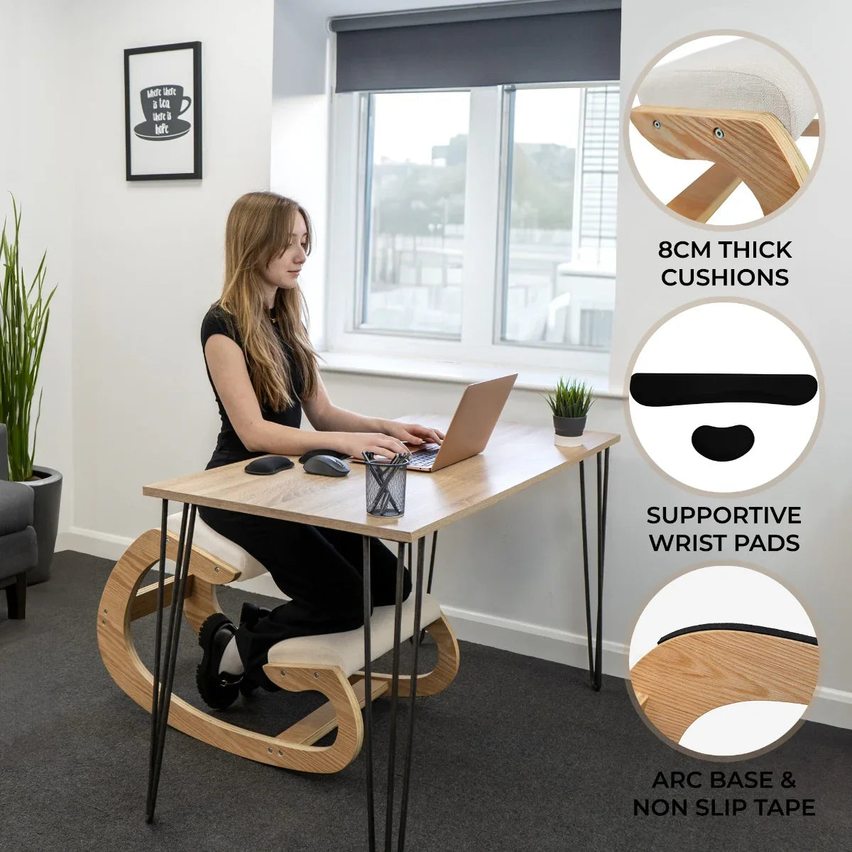 Ergonomic kneeling chair with 8cm thick cushions, wooden arc base, and non-slip tape, providing support for comfortable posture at a desk
