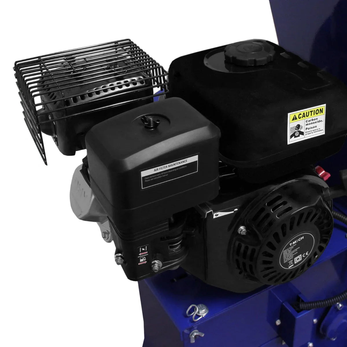 7HP T-Mech Wood Chipper engine close-up, featuring a black motor with a protective grill and warning label, showcasing robust design and durability